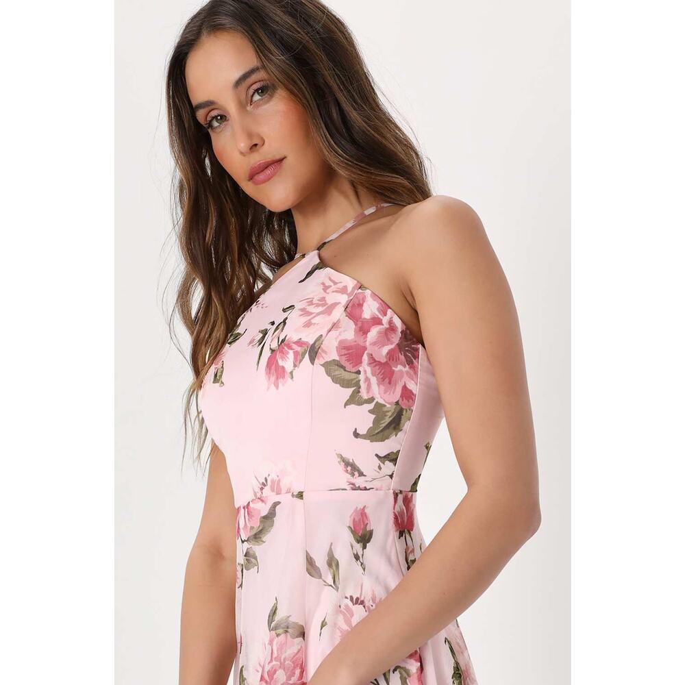 Lulus Romantic Marvel Pink Floral Print Halter Neck Maxi Dress - M - Picture 3 of 4